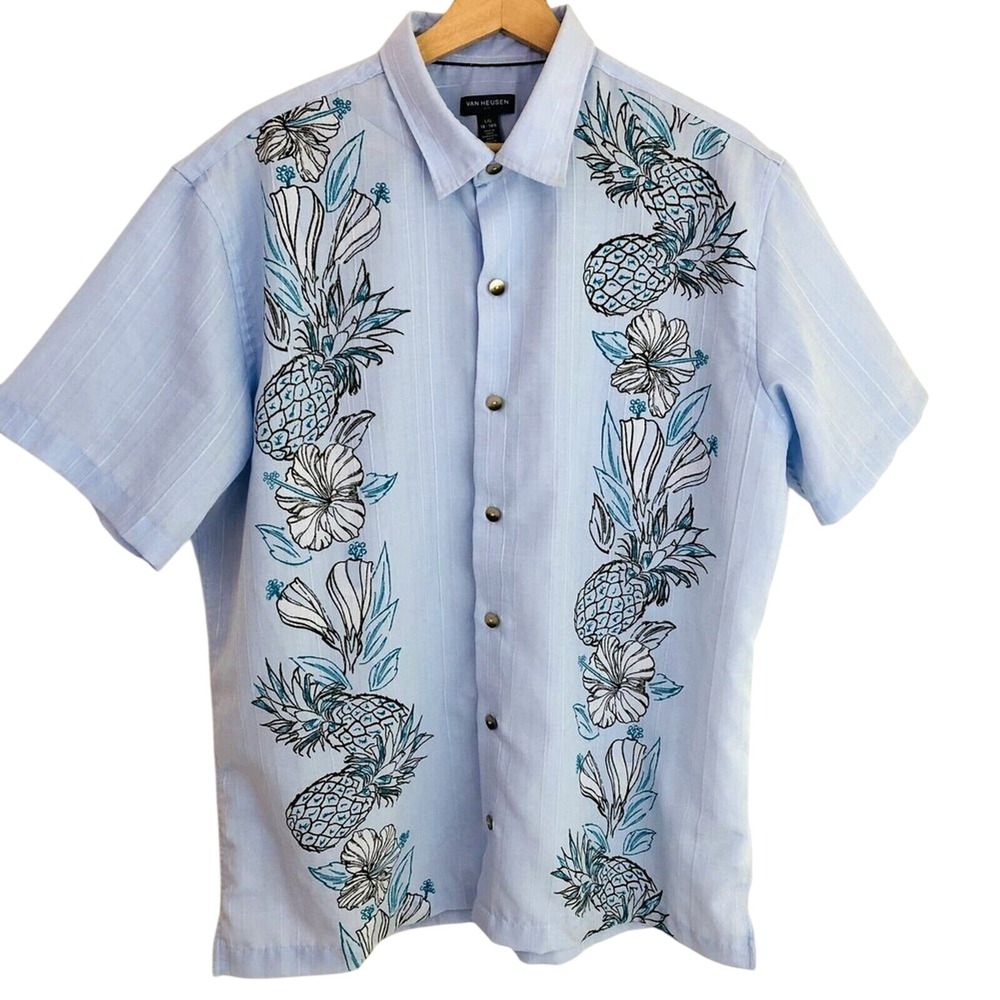 Van Heusen Air Hawaiian Men's Large 16-16 1/2 Blue Tropical Pineapple Button Up